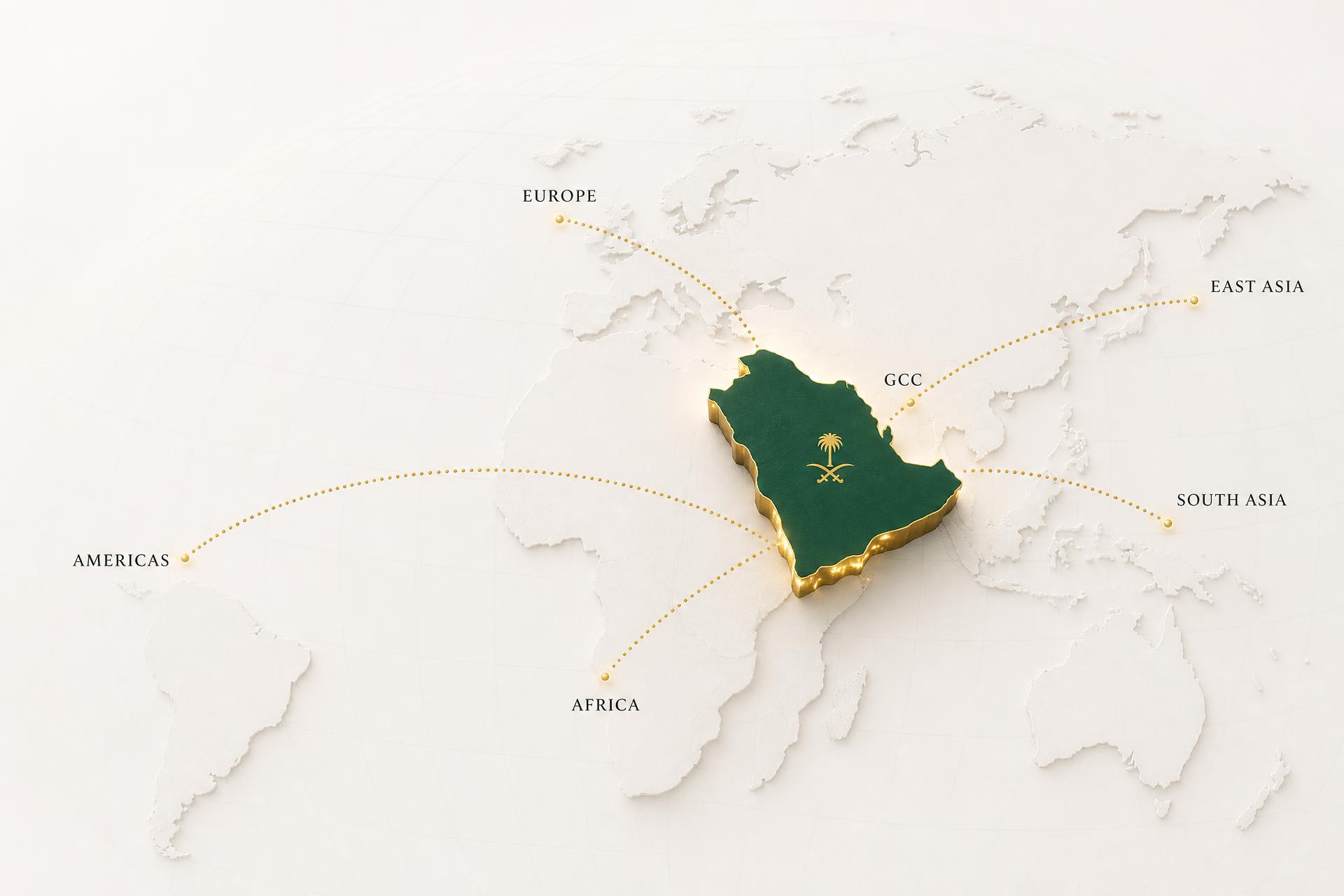Atlas trade routes connecting Saudi Arabia to Europe, GCC, Americas, Africa, South Asia and East Asia